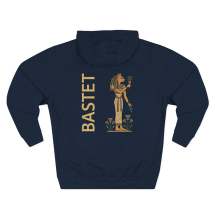 Bastet Egyptian goddess graphic on a navy hoodie, featuring ancient cat mythology art and name.