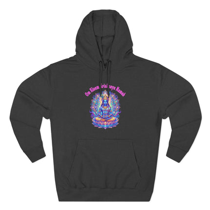 Colorful Krishna mandala art with Om mantra on a black spiritual hoodie.