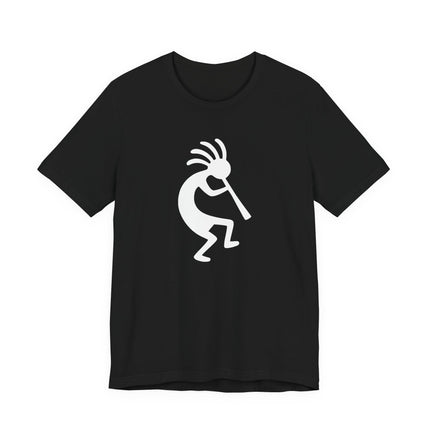 Kokopelli flute player silhouette graphic on black unisex t-shirt.