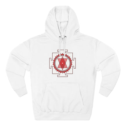 Tripura Sundari Yantra sacred geometry design on a white spiritual pullover hoodie.