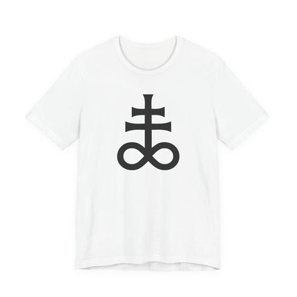 Occult symbol graphic tee featuring a black esoteric design on a white t-shirt.