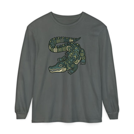 Mayan Crocodile Long Sleeve T-Shirt | Geometric Reptile Tee