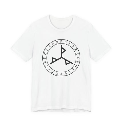 Circular bind rune design with Norse runes on a white graphic t-shirt.