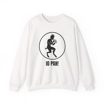 Pan satyr silhouette graphic on a white sweatshirt with "IO PAN!" text.