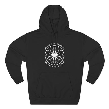 Black spiritual hoodie featuring a mandala graphic and "The Way Is In The Heart" wisdom design.