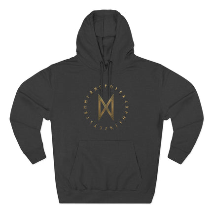Norse Dagaz rune and Elder Futhark alphabet hoodie featuring gold mystic symbols.