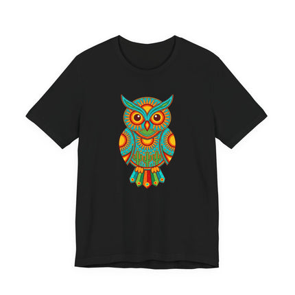 Huichol owl graphic tee in vibrant Mexican folk art style on a black shirt.