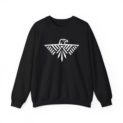 Geometric white eagle and thunderbird graphic on a black pullover sweatshirt.