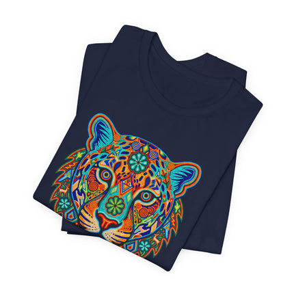 Vibrant Huichol jaguar graphic tee with colorful tribal spirit animal art.