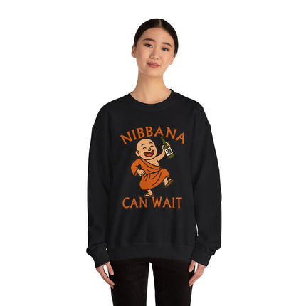 Funny cartoon monk drinking a can on a black sweatshirt. Nibbana Can Wait graphic.