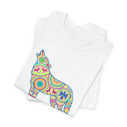 Vibrant Huichol folk art wolf graphic tee with colorful geometric patterns.