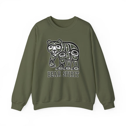 Tribal bear formline art graphic with "Bear Spirit" text on a unisex sweatshirt.