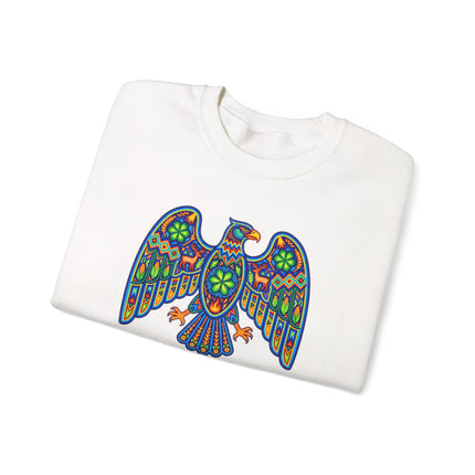 Colorful Huichol eagle art sweatshirt featuring Mexican tribal folk design.