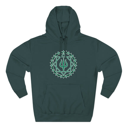 Geometric Shiva Trishula mandala symbol printed on a dark pullover hoodie.