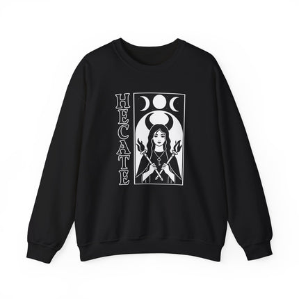 Hecate Goddess triple moon witch pullover featuring torches and magic keys graphic design.