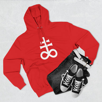 Leviathan Cross symbol graphic on a red unisex pullover hoodie.