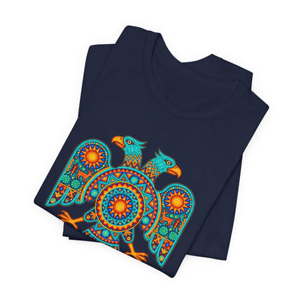 Vibrant Huichol double-headed eagle graphic tee featuring Mexican folk art and Mesoamerican design.