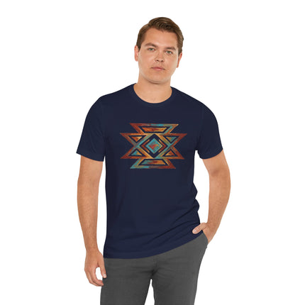 Southwestern geometric butterfly design on a navy men's t-shirt featuring tribal art.