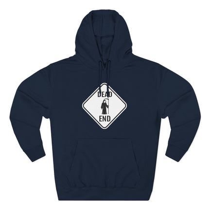Dead End sign graphic featuring a Grim Reaper on a dark blue pullover hoodie.