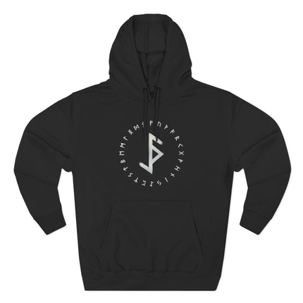 Black pullover hoodie with protective bind rune and Norse Elder Futhark magic symbols.