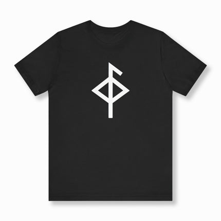 Black t-shirt featuring a white Norse rune symbol for protection and heritage wear.