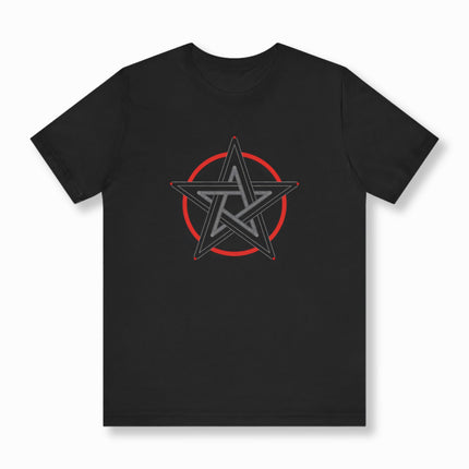 Red pentagram pentacle graphic on a black t-shirt.