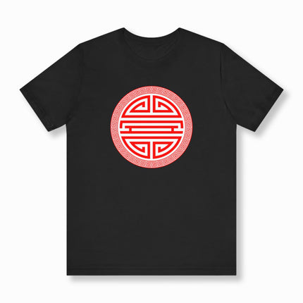 Chinese Shou Longevity Symbol T-Shirt | Red and White Graphic Unisex Tee V3
