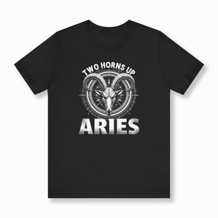 Aries Zodiac T-Shirt | Two Horns Up Graphic and Text Astrology Tee | V6