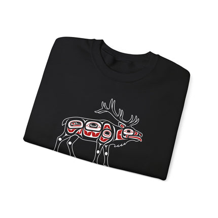 Native American formline art sweatshirt featuring an elk spirit design on a cozy pullover.