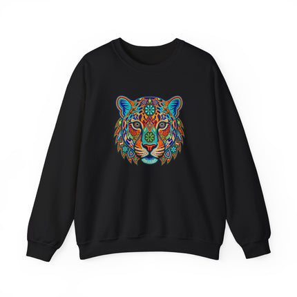 Vibrant Huichol Jaguar artwork on a colorful Mexican style pullover sweatshirt.