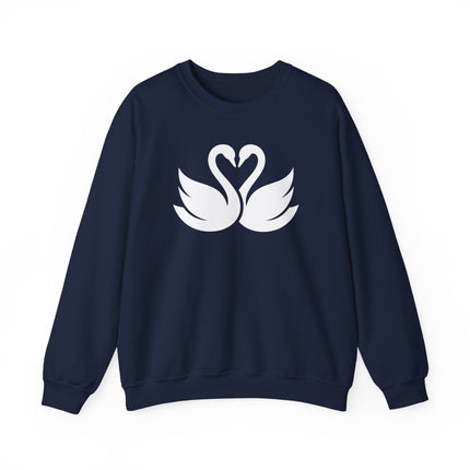 Romantic swans forming a heart design on a cozy couple's pullover sweatshirt.