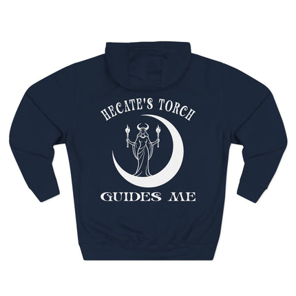 Hecate Goddess torch and crescent moon design on a dark hoodie. Witchy mythology apparel.