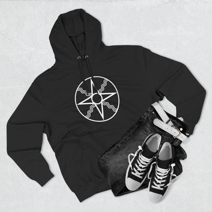 Black hoodie featuring the Shamash sun symbol, a Mesopotamian zodiac graphic.