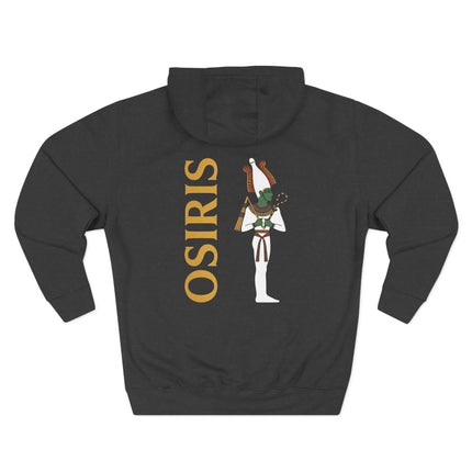 Osiris Egyptian god graphic and name on black hoodie. Ancient mythology design.
