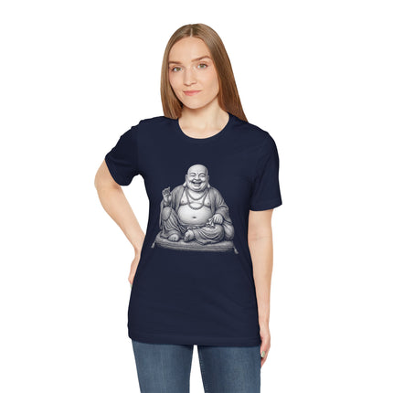 Laughing Buddha Hotei graphic tee featuring a smiling figure of good fortune and Zen wisdom.