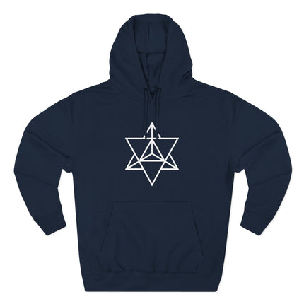 Merkaba sacred geometry hexagram graphic on a navy blue unisex hoodie.