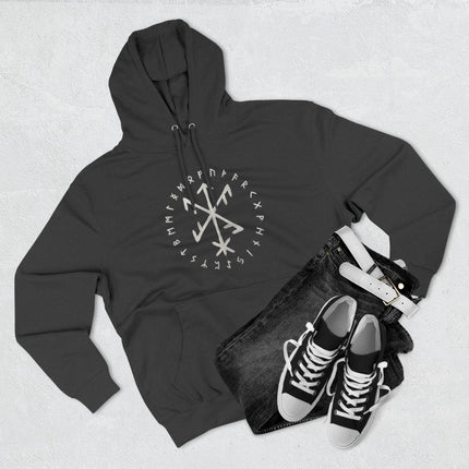 Norse Viking rune hoodie featuring Elder Futhark symbols and pagan designs.