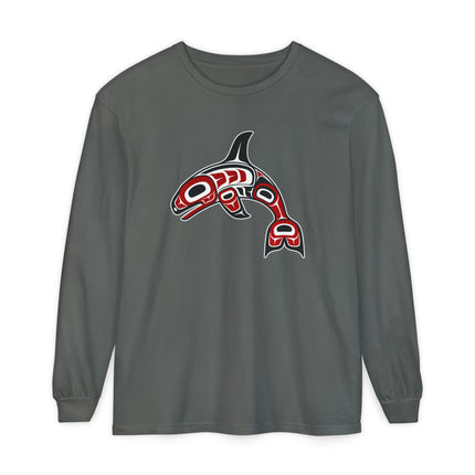 Formline Whale Long Sleeve T-Shirt | Curved Red and White Design Tee