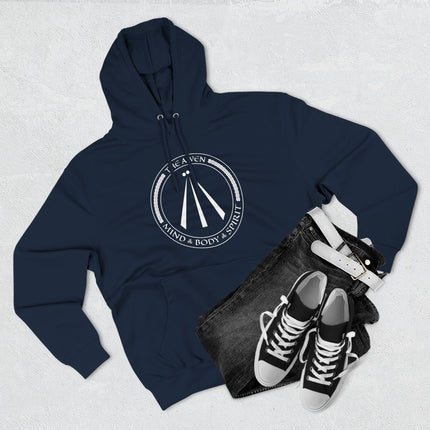 Navy hoodie featuring the Celtic Awen symbol and "Mind Body Spirit" graphic.