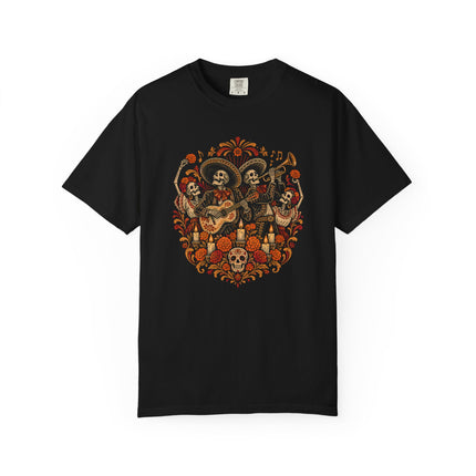 Day of the Dead T-Shirt | Skeleton Musicians and Marigold Art
