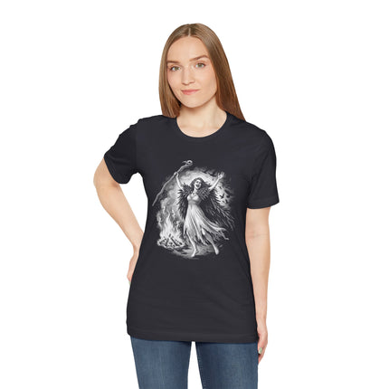 Celtic goddess The Morrigan raven bonfire ritual design on a black t-shirt.