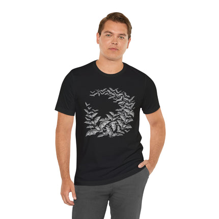 Gothic bat swarm graphic tee on black fabric. Detailed nocturnal animal print design.