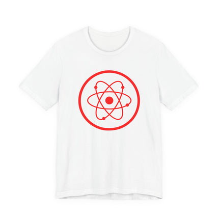 Red atomic symbol graphic on a white t-shirt.