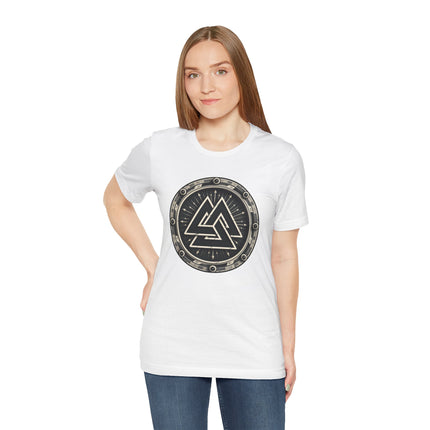 Norse Valknut symbol graphic on a white t-shirt, representing Asgard and Viking mythology.