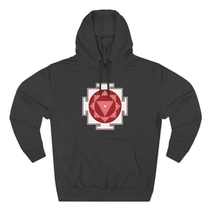 Black hoodie with red sacred geometry Tara Yantra symbol print.