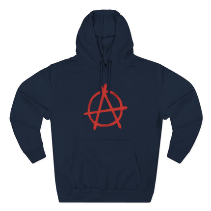 Anarchy symbol graphic on a dark blue distressed pullover hoodie.