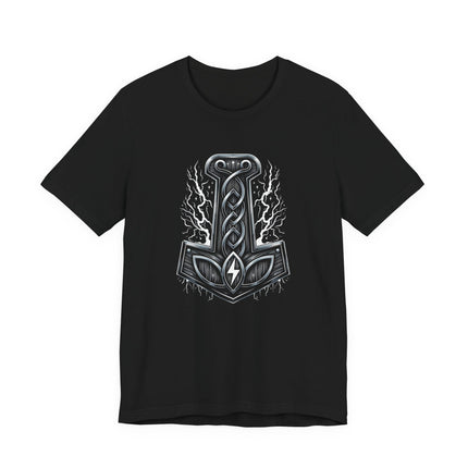 Mjolnir hammer graphic tee featuring Norse Viking mythology symbols and lightning design.