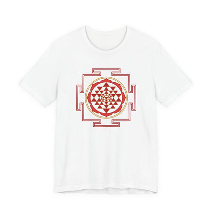 White t-shirt featuring the Sri Yantra sacred geometry mandala design.