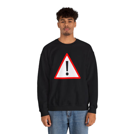 Black pullover sweatshirt featuring a red caution triangle and bold exclamation mark graphic.