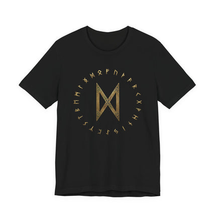 Black t-shirt featuring the golden Dagaz rune and the full Elder Futhark Norse alphabet.